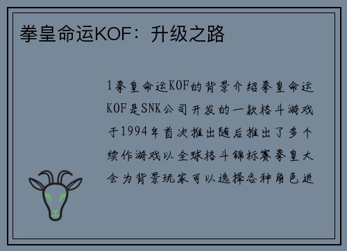 拳皇命运KOF：升级之路