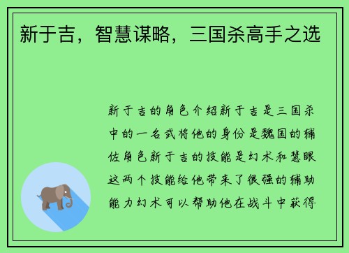 新于吉，智慧谋略，三国杀高手之选
