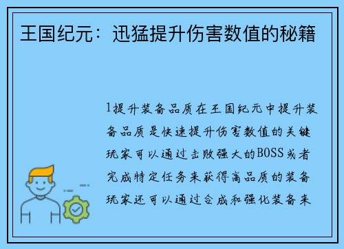 王国纪元：迅猛提升伤害数值的秘籍